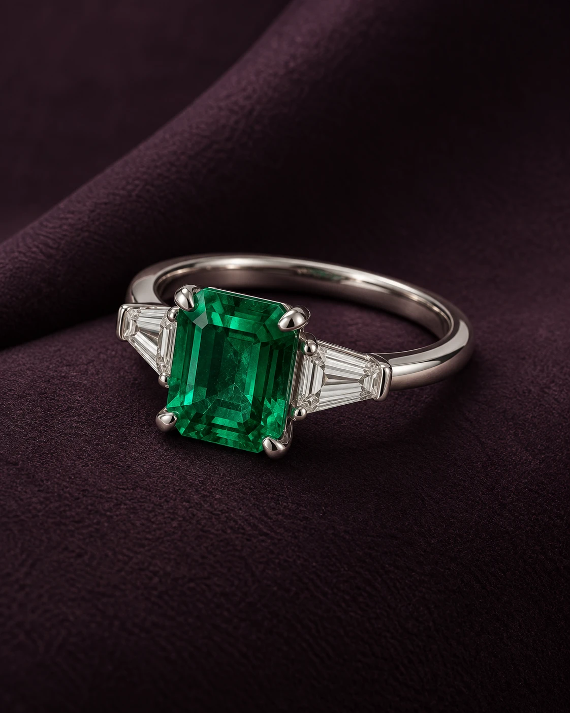 Anillo de metal blanco con esmeralda rectangular y piedras laterales